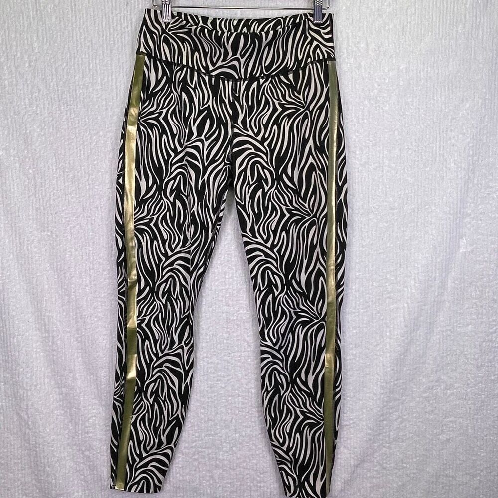 Fierce + Regal Black White Zebra Print Gold Stripe Workout Leggings Size Large